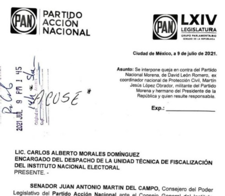 EL PAN INTERPONE QUEJA ANTE EL INE EN CONTRA DE MORENA Y EL HERMANO DE AMLO