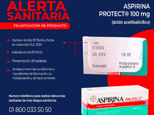 ALERTA COFEPRIS SOBRE FALSIFICACIÓN DE ASPIRINA PROTECT